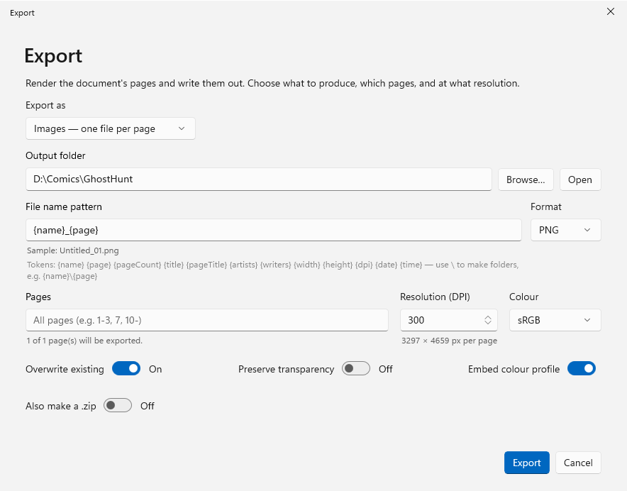 The export screen