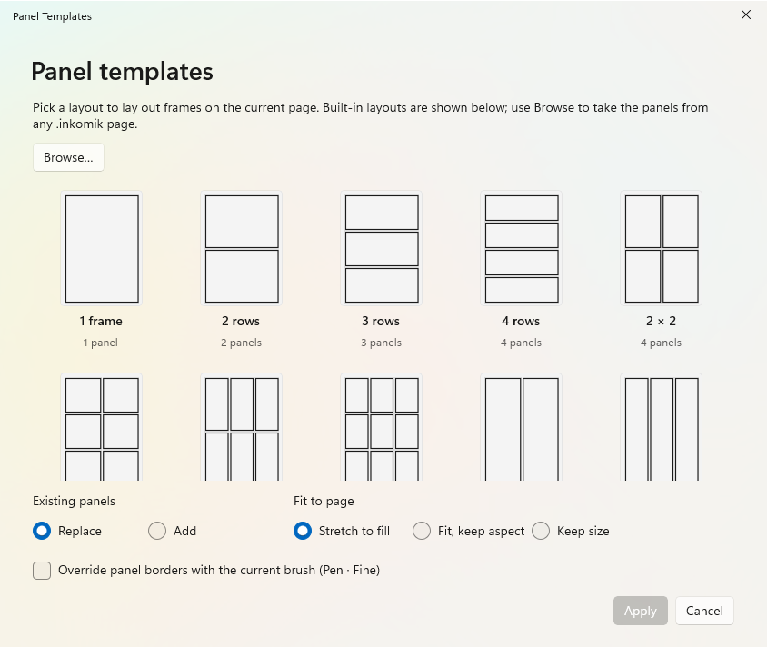 The panel templates gallery