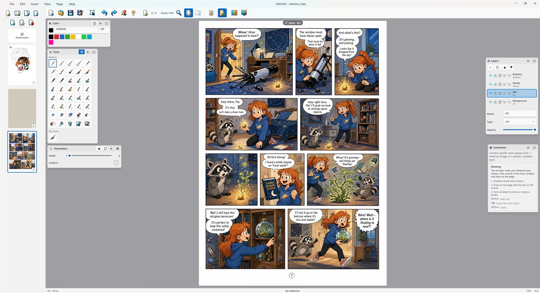 The Inkomik workbench with a comic page open